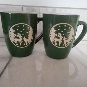 California Pantry Forest Green and White Ceramic 2 Piece Coffee Hot Cocoa Mugs